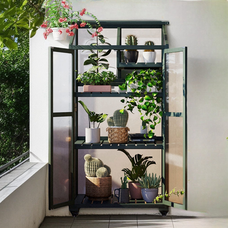 Height Wood Large Greenhouse Balcony Portable Cold Frame With Wheels, Adjustable Shelves And Openable Roof