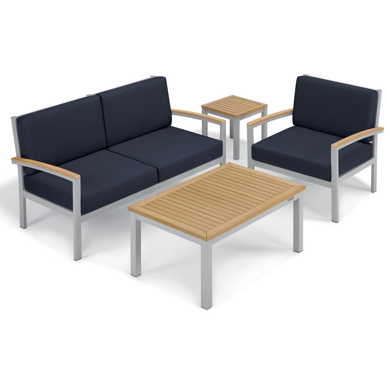 Travira 4-Piece Loveseat and Club Chair Set with Tables, Midnight Blue, Ninja