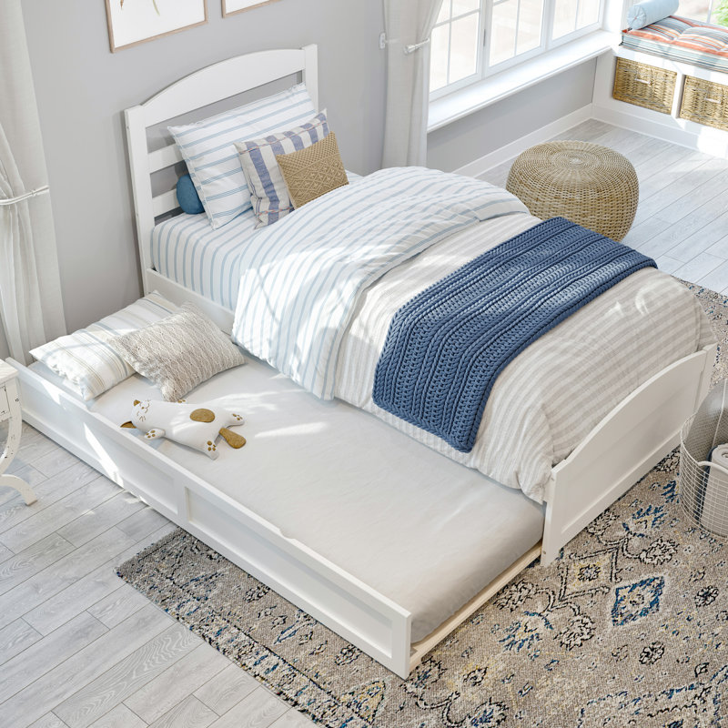 Lit plateforme en bois massif avec pied de lit et gigogne Elliana, Blanc, Simple