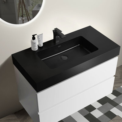 Meuble-lavabo de 36 po - Blanc à la mode moderne, beaucoup de rangement, blanc / noir silencieux et fonctionnel, optimisation de l'espace, op