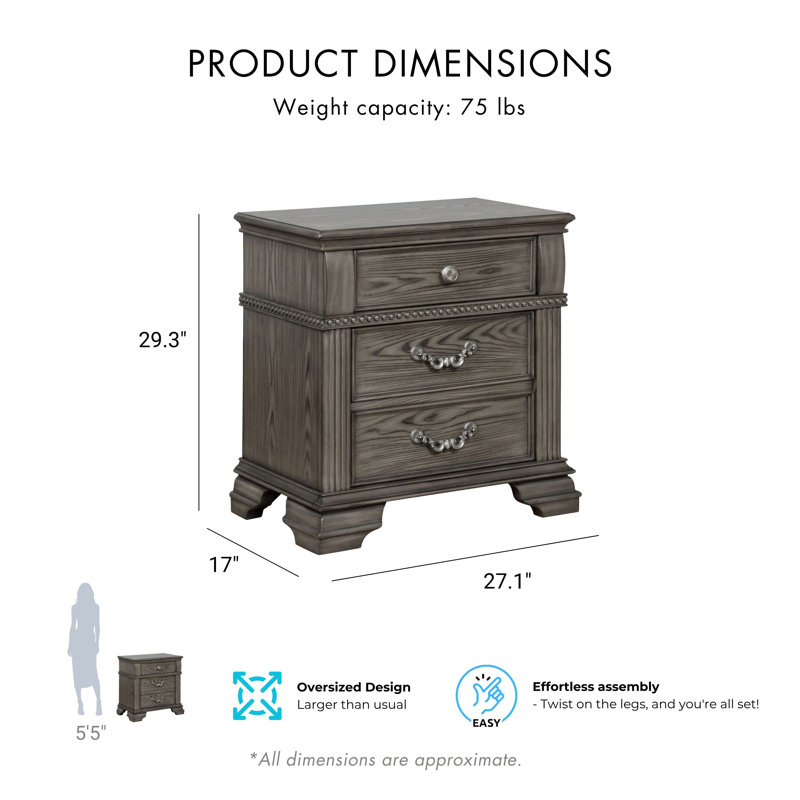 Adames Wood Bedroom Set with Bell-Shaped Headboard, King, 5 Pcs: Bed, 2 Nightstands, Dresser, Mirror, Gray
