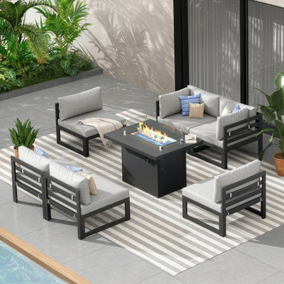 Gillet 7-Piece 6-Person Outdoor Patio All-Aluminum Sectional Conversation Set with 60,000 BTU Fire Pit Table and 4" High-Resilience Foam Cushions