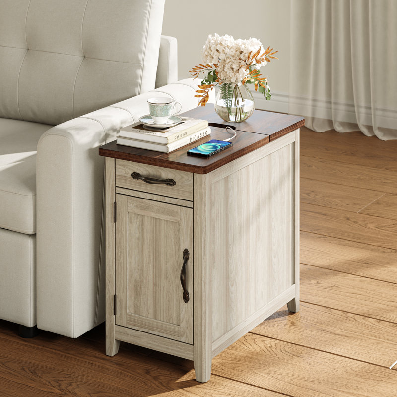 Soren End Table with Storage and Charging Station, Brown Top/Light Gray Base