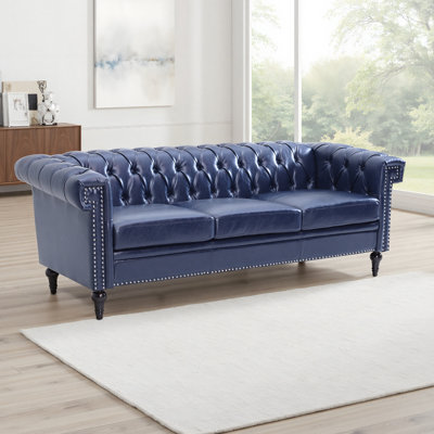 Canapé traditionnel 3 places de 207 cm (81,34 pouces), accoudoirs carrés, revêtement en similicuir souple, coussins amovibles, rembourrage haute densité, finitions argentées, pieds en bouleau, assise large en coton à rebond, structure en bois massif.