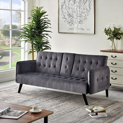 72" Velvet Convertible Sofa Bed with Cup Holders, Tufted Folding Futon Sleeper Couch, Mid-Century Modern 3 Seater for Small Spaces, 72" L x 34.6" D x 31" H, Dark Grey