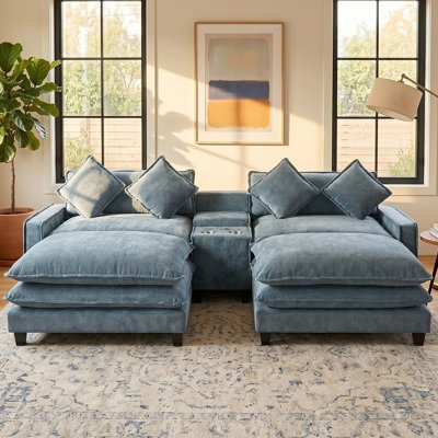 111" Sectional Sofa Chenille Upholstered Sofa with Two Removable Ottoman