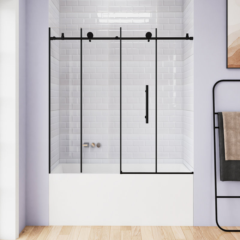 56-60 "W X 60" H Frameless Bathtub Shower Door | Single Sliding | 1/4 Inch Transparent Tempered Glass With Explosion Proof Film | Stainless Steel Handle | Matte Black