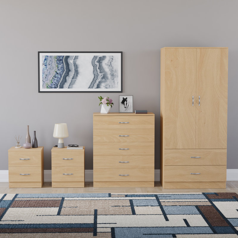 Tayce 4 Piece Bedroom Set (2 Drawer Bedside Chest X2, 5 Drawer Chest, 2 Door 2 Drawer Wardrobe, Tan