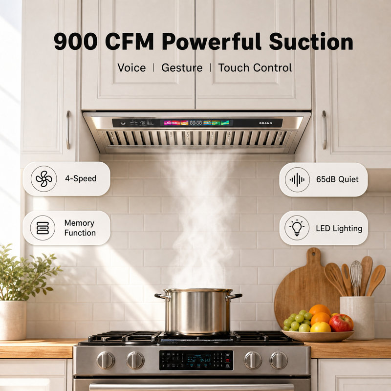 Hotte de cuisine convertible encastrée de 30 po (76 cm) et 900 pi³/min (25,8 m³/min) avec commandes vocales, gestuelles et tactiles, en acier inoxydable, ventilateur à 4 vitesses, filtres lavables au lave-vaisselle, filtres à charbon inclus.