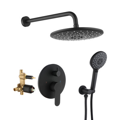 Système de douche complet rond à pression équilibrée avec valve brute en noir mat