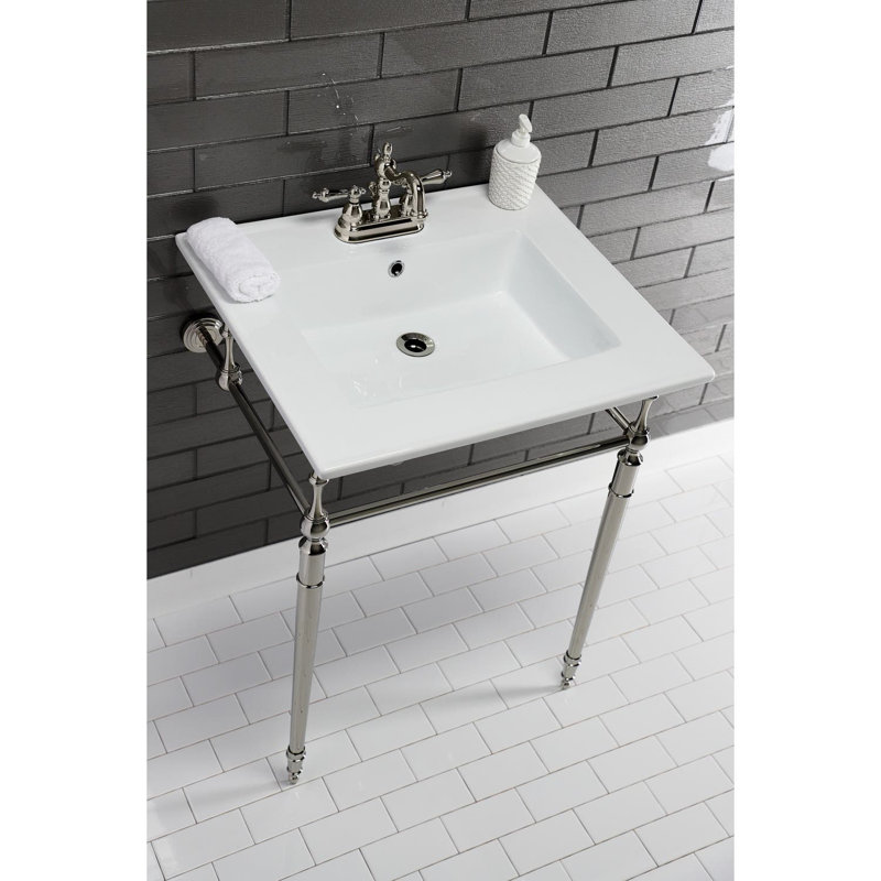 Kingston Brass Edwardian 25-Inch Ceramic Console Sink with Brass Legs (4-Inch, 3-Hole), White/Polished Nickel