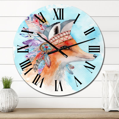 Horloge murale - Renard roux avec couronne de plumes tribales - Americana