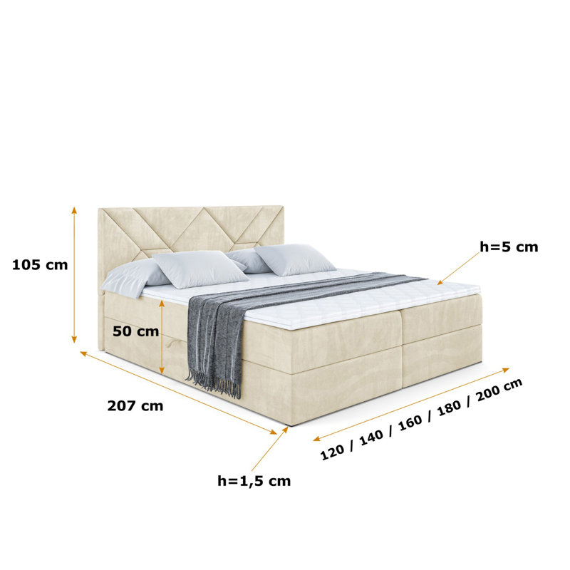 Bed, 160cm W x 200cm L, Beige