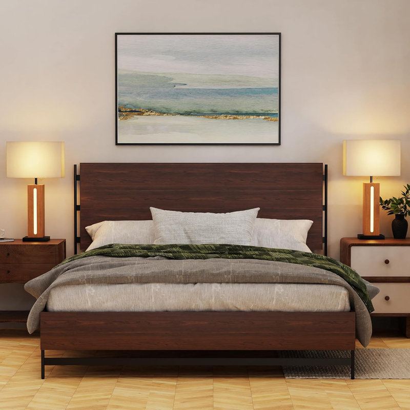 Dimmable Table Lamp with Led Nightlight, Square Wood Grain Bedside Lamp Set of 2