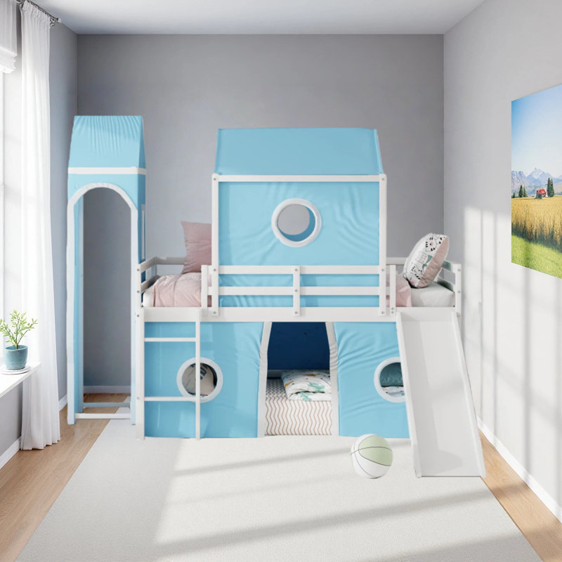 Lit mezzanine simple avec tente et tour coulissante, Lit simple, Bleu
