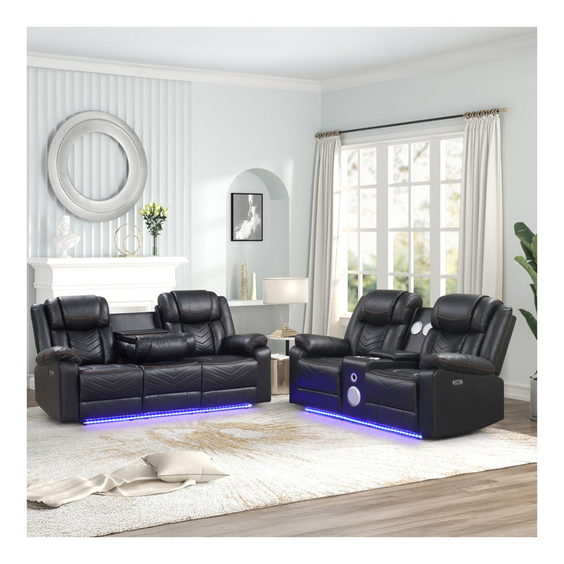 Causeuse inclinable électrique contemporaine avec console, rangement, porte-gobelet en acier inoxydable et haut-parleur Bluetooth noir