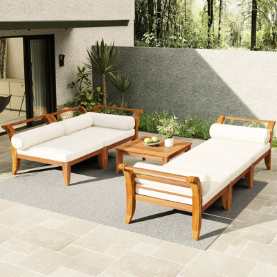 Wood Patio 6 - Piece , L Shaped Modular Sectional With Convertible Function, Removable Cushion Covers, Tea Table, , For Family Gatherings Furniture In Wood, 5 Cushions, Outdoor Relaxation