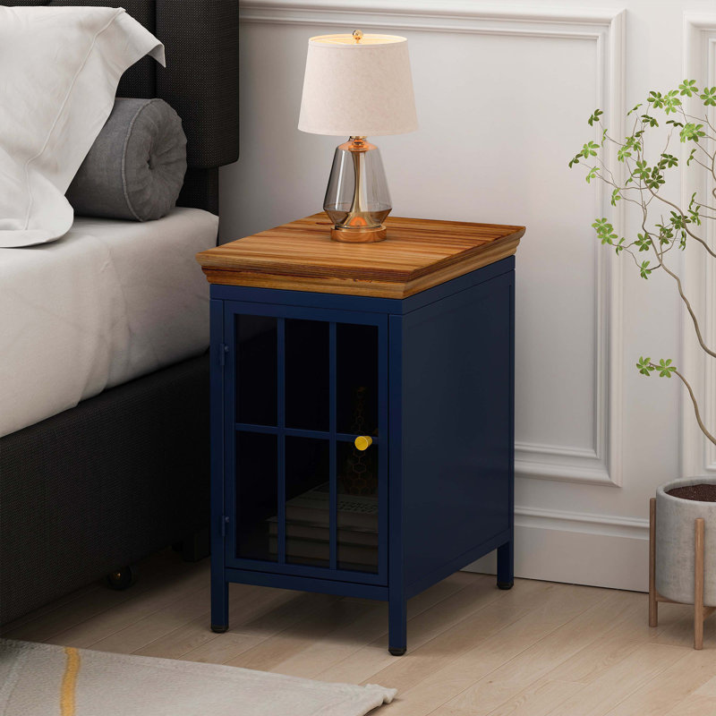 Nightstand With Storage Cabinet & Solid Wood Tabletop Bedside Table Sofa Side Coffee Table, Blue, 2