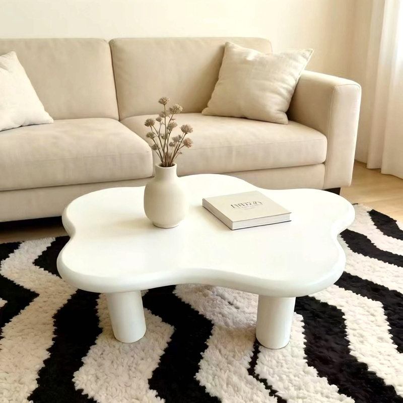 Table basse de 40 pouces en forme de nuage avec 4 pieds de table ronds, convient aux salons, blanc, Blanc