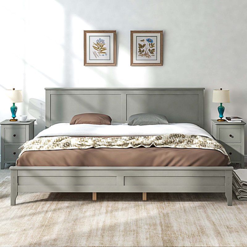 Modern Solid Wood Platform Bed, King, Gray