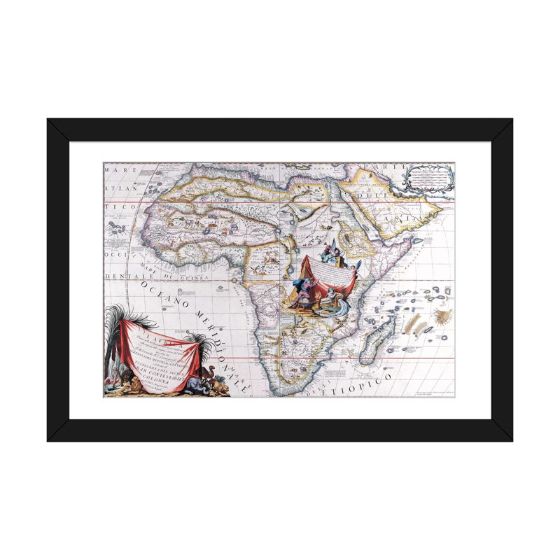 Carte antique d'Afrique, impression sur toile, H 16 po x l 24 po x P 1 po, Papier beaux-arts encadré noir, Blanc