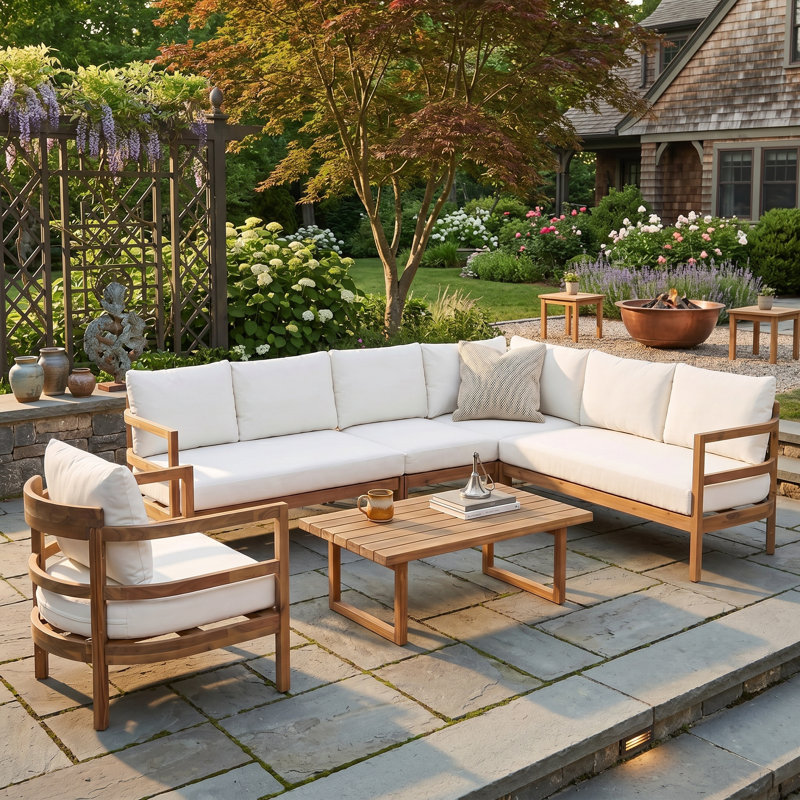 Ensemble de canapé modulaire d'extérieur en bois d'acacia 6 places avec coussins résistants à l'eau