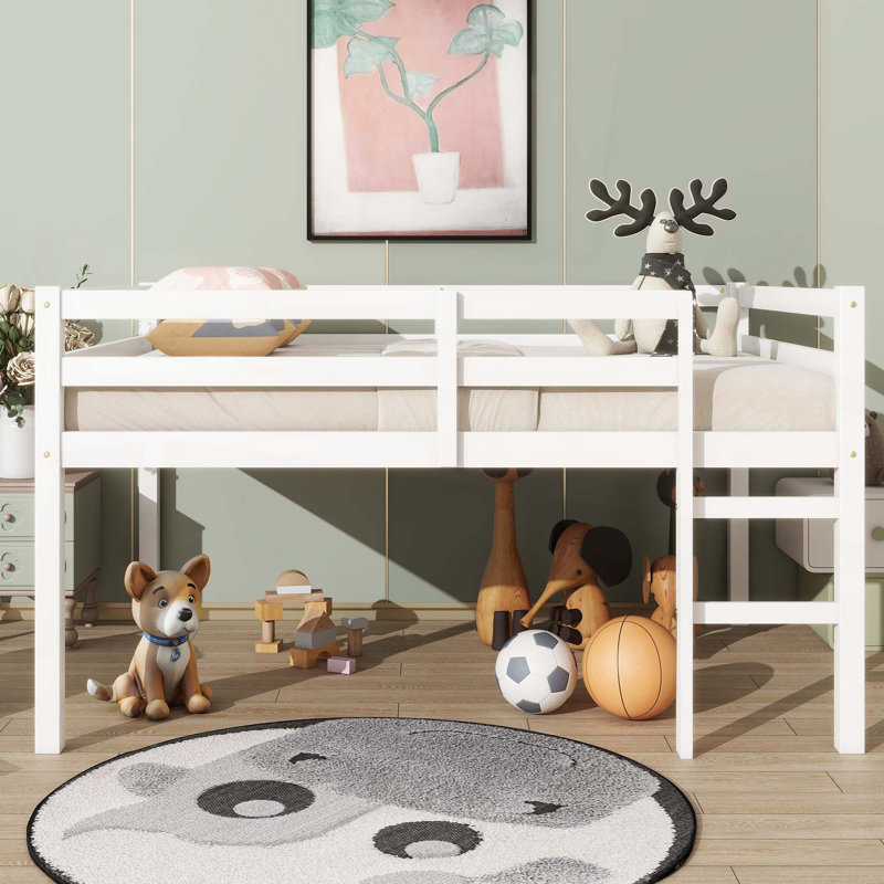 Lit mezzanine double en bois d'hévéa avec échelle, Blanc