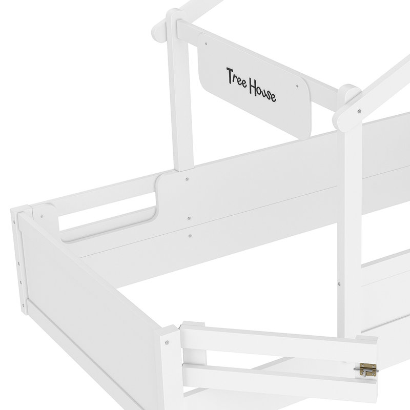 Lit simple en forme de maison avec garde-corps, plateau intégré et panneau personnalisable pour enfants, blanc