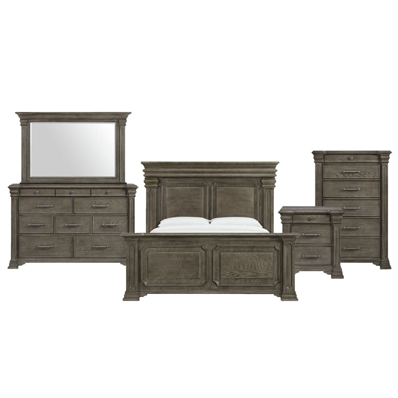 Ensemble de chambre à coucher Adline, Gris, 5 pièces: lit, commode, miroir, commode, table de, Très grand lit