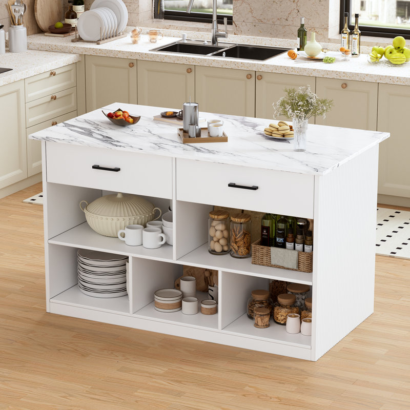 55" Kitchen Island With Led Light, Fluted Island Table With Faux Marble Worktop, 2 Drawers, Open Shelves, Mid Century Modern Center Cabinet For Dining Room & Kitchen