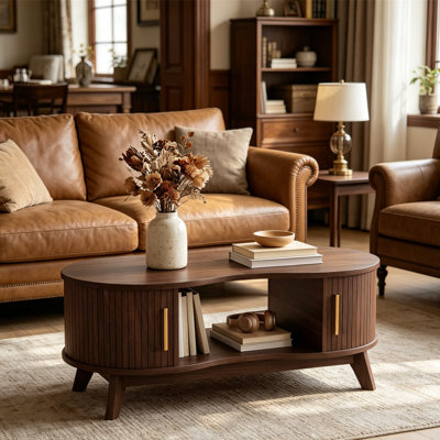 Oval Coffee Table With Storage, Mid-Century Modern, Sliding Tambour Door, 47.2"W Tabletop & Open Shelf, Sturdy Metal Reinforced, For Living Room Home Office