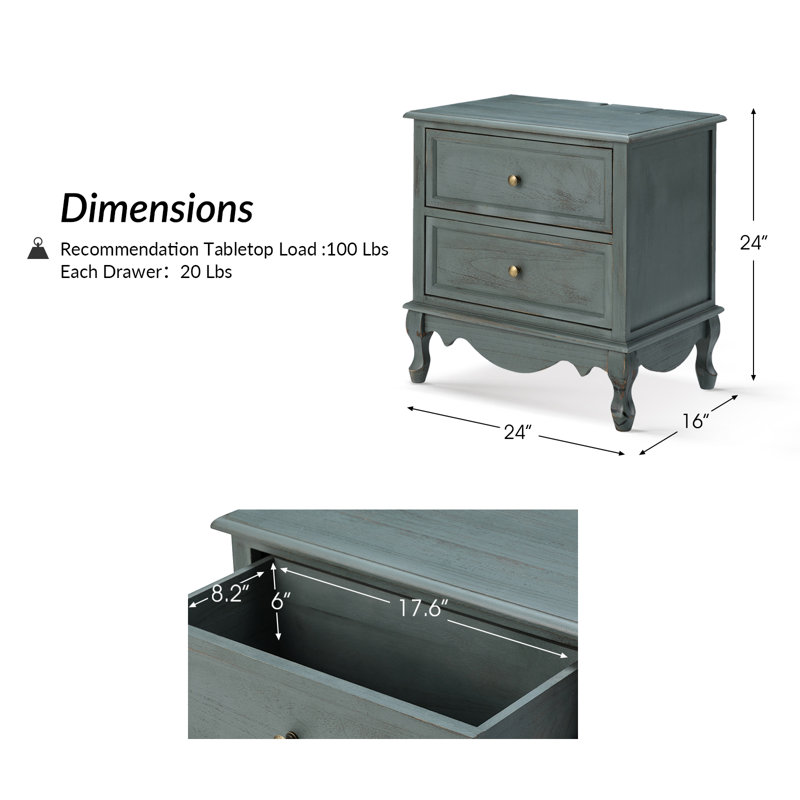 Lundgren Transitional 24'' Tall 2 - Drawer End table with Wood Legs and Charging Station Space , Blue