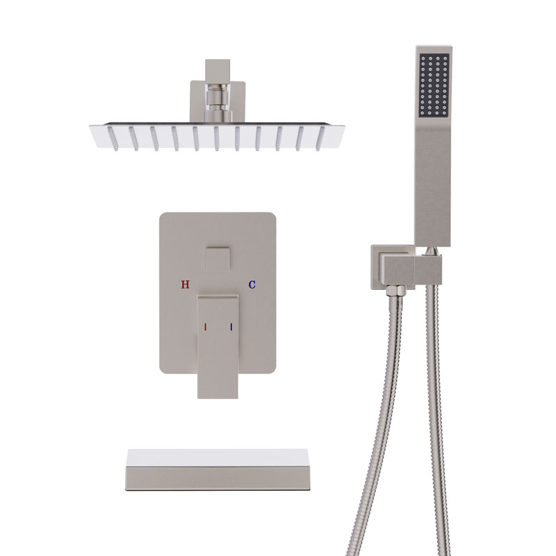 Topcraft Wall-Mounted 10-Inch Rain Shower System With Handheld Showerhead And Tub Spout, Brushed Nickel