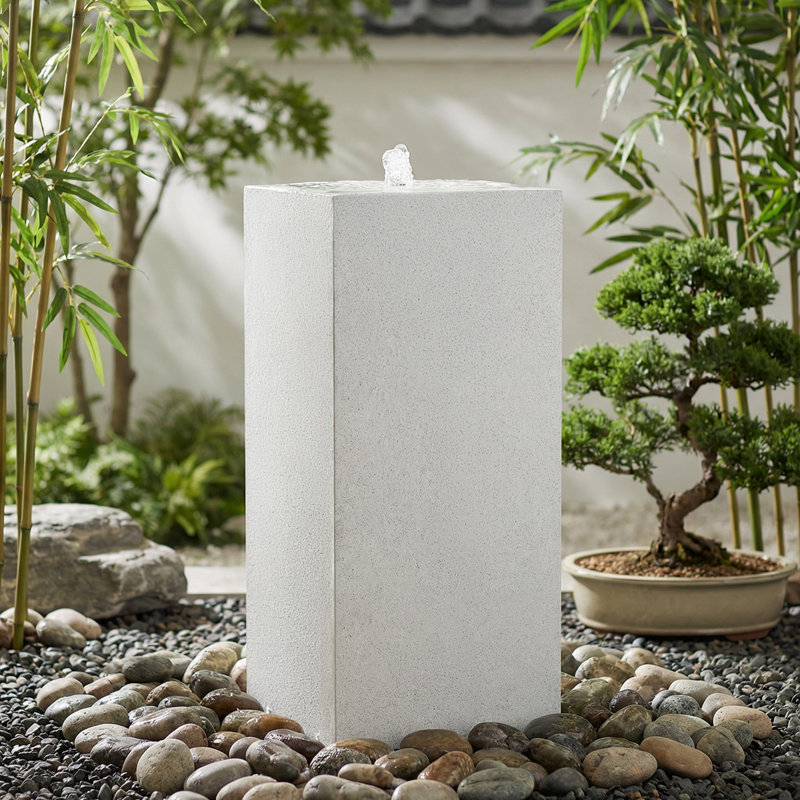 Fontaine rectangulaire d'extérieur à bulles en polystone à DEL - Brouillard, Gris, H 30 po x l 14,5 po x P 14,5 po