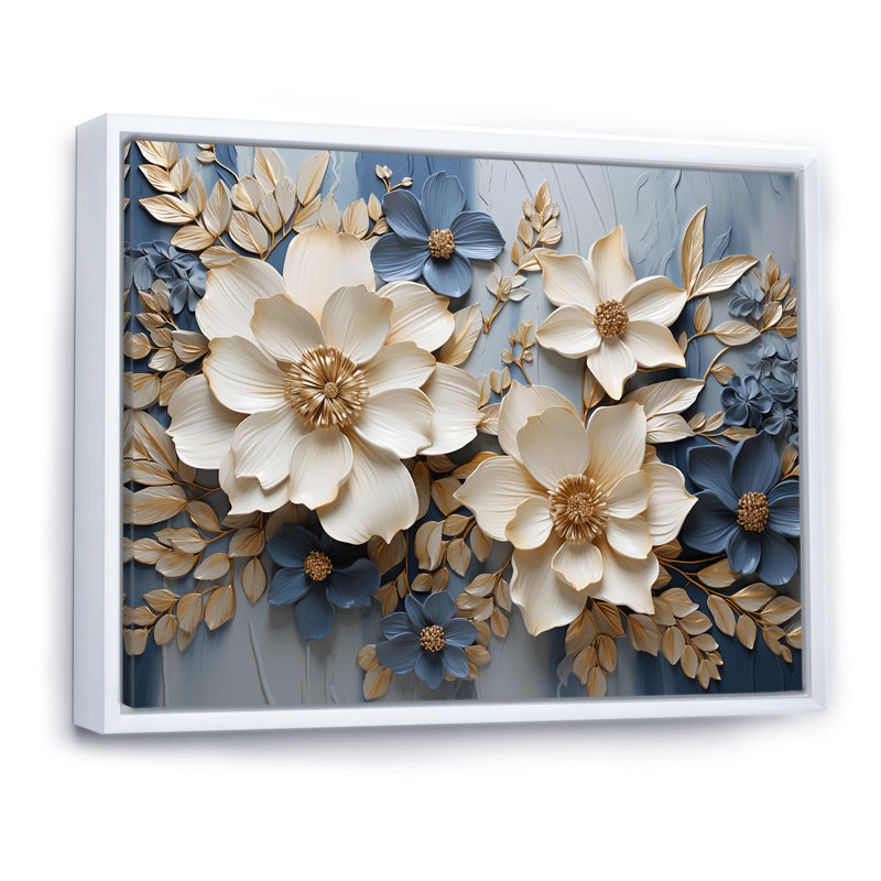 Composition de fleurs saisonnières beige et bleu - Fleurs saisonnières, Cadre flottant blanc, H 24 po x l 32 po x P 1 po