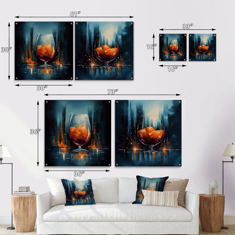 «Glam Cognac Glass I», ensemble d'art sur verre acrylique, H 16 po x l 33 po