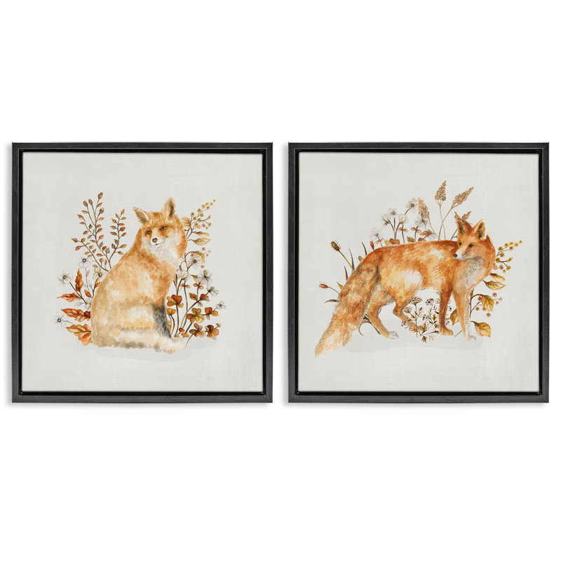  Fluffy Red Fox Autumn Leaves, ensemble de 2 toiles flottantes encadrées par Janice Gaynor, Cadre flottant noir de jais