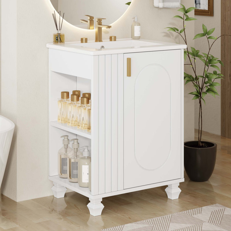 Meuble-lavabo 24 po avec lavabo, armoire de salle de bain avec tablette de porte, rangement latéral ouvert, structure en bois massif, porte à fermeture douce