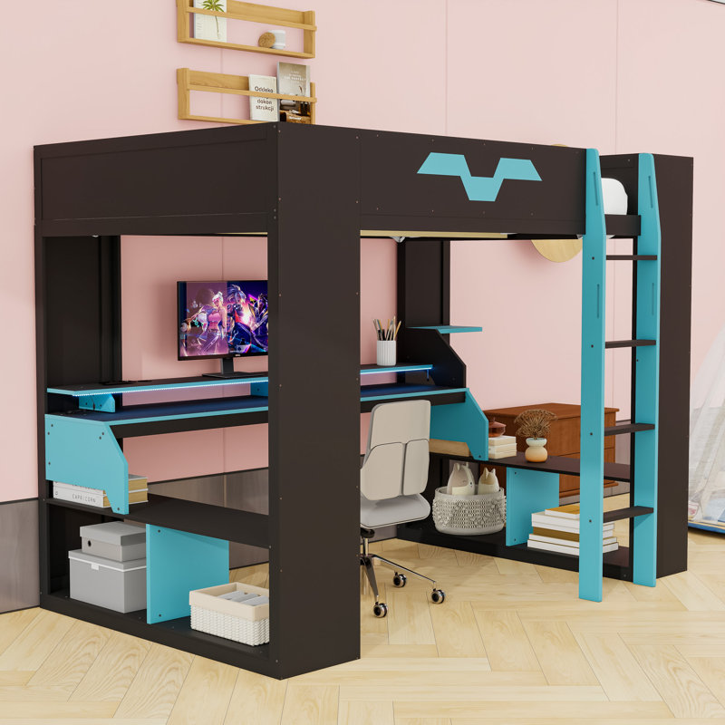 Lit mezzanine en bois avec ports USB et lumière RVB, Bleu
