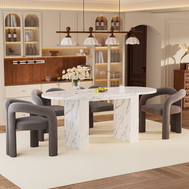 62.9inch Modern Oval Dining Table Set, 5 Pieces: Table, 4 Chairs, Gray, White