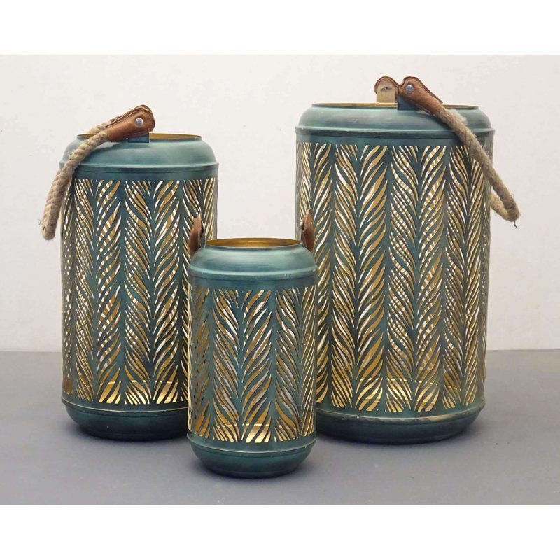 3 Piece Metal Wall Lantern Set, 25cm H x 20cm W x 20cm D, Green