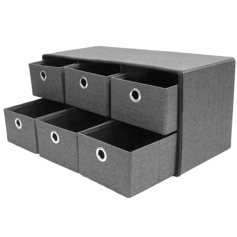 Banc de rangement rembourré avec tiroirs, gris