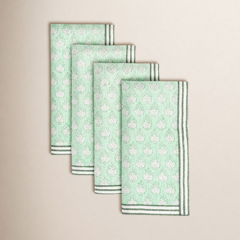 over&back Hand-Blocked Napkins, Set of 4, Green Leaf