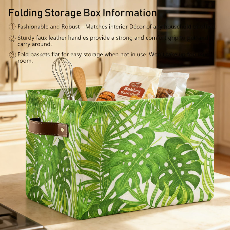 Monstera Leaf Storage Baskets 2-Pack, Collapsible Canvas Organizer Bins With Handles For Toy Storage, Laundry, And Home Organization