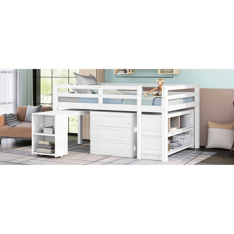 Lit mezzanine double blanc avec fonctions multiples, bureau à roulettes et armoire de bureau multifonctionnelle à trois niveaux avec rangement blanc, fabrication en bois de pin, nombreuses options