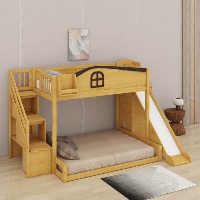 Twin Over Full Bunk Bed With Slide And Staircase, Storage Shelf And Wardrobe, Wood Loft Bunk Bed With House Design Safety Guardrail
