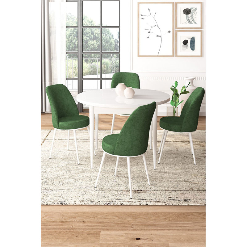Ensemble de table et chaises de salle à manger moderne 5 pièces, blanc et kaki | Table en carton 100% mélaminé, table: 35,4 po x 29,5 po x 35,4 po | Chaises: 17,7 po x 35,8 po x 16,5 po | Pieds en métal, tissu jerry doux, assise en mousse confortable