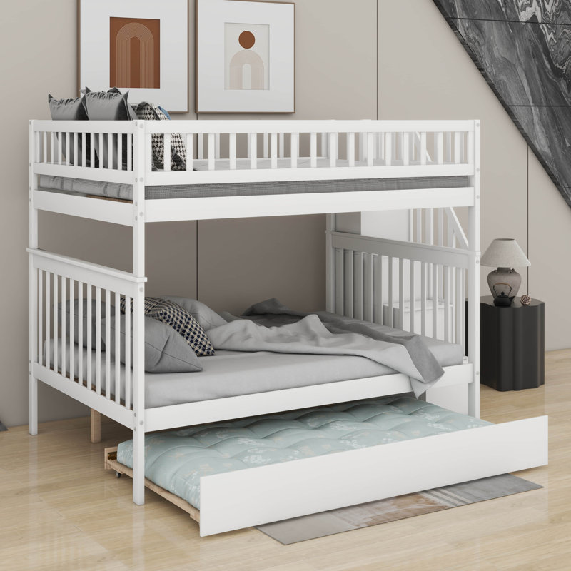 Full Over Full Bunk Bed With Staircase And Trundle, Full Over Full, White