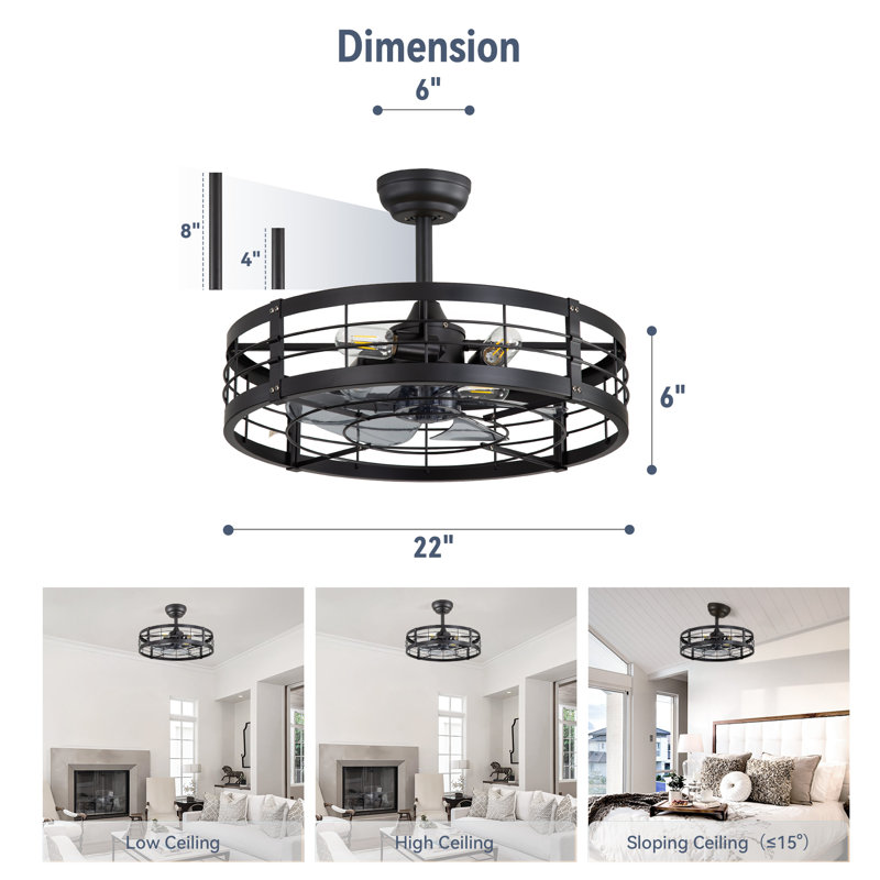Cissline 22" Stylish Black Caged Ceiling Fan With Remote Control And Light Kit Included, 22", Black