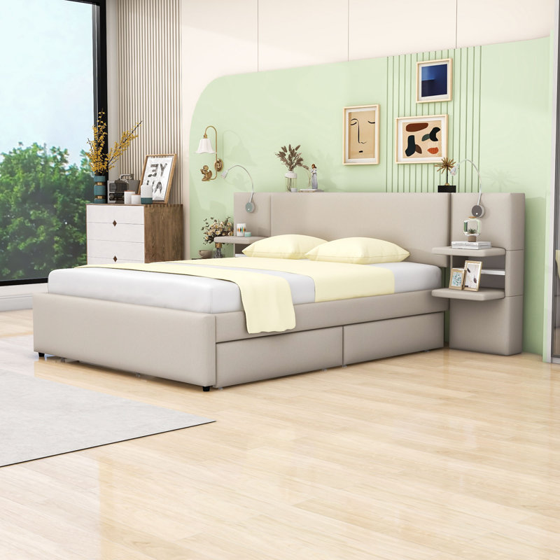 Grand lit plateforme tapissier 2 tiroirs avec lit gigogne et rangement, Beige